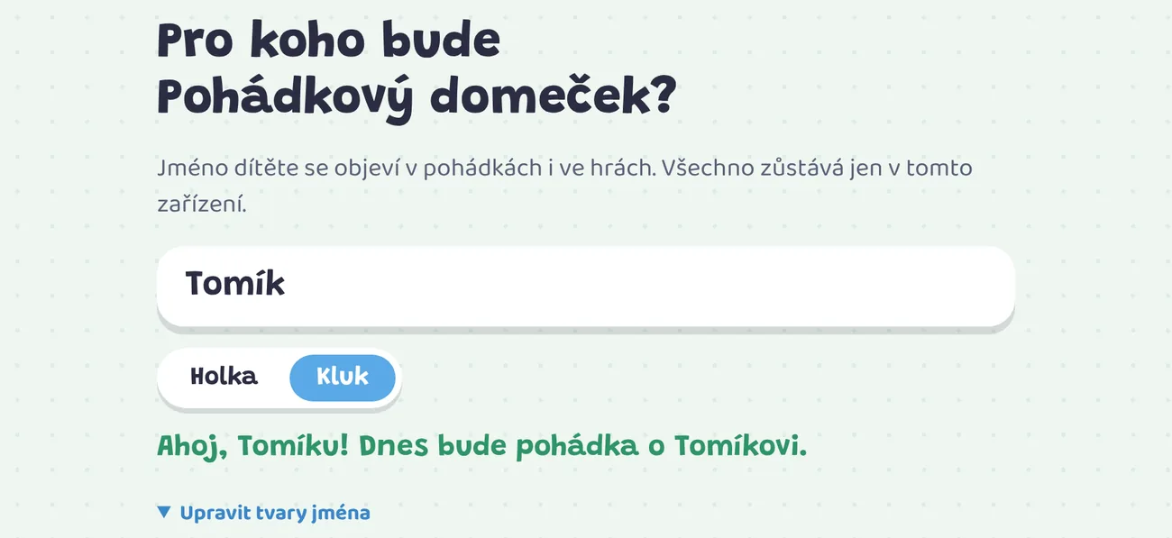 První spuštění: jméno dítěte a výběr kluk nebo holka